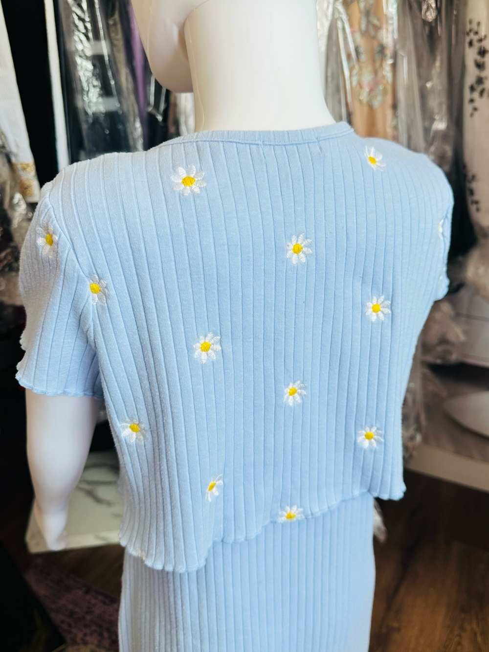 Btween Girls Blue Daisy Ribbed Dress & Matching Tie-Front Shrug Set - Picture 8 of 9